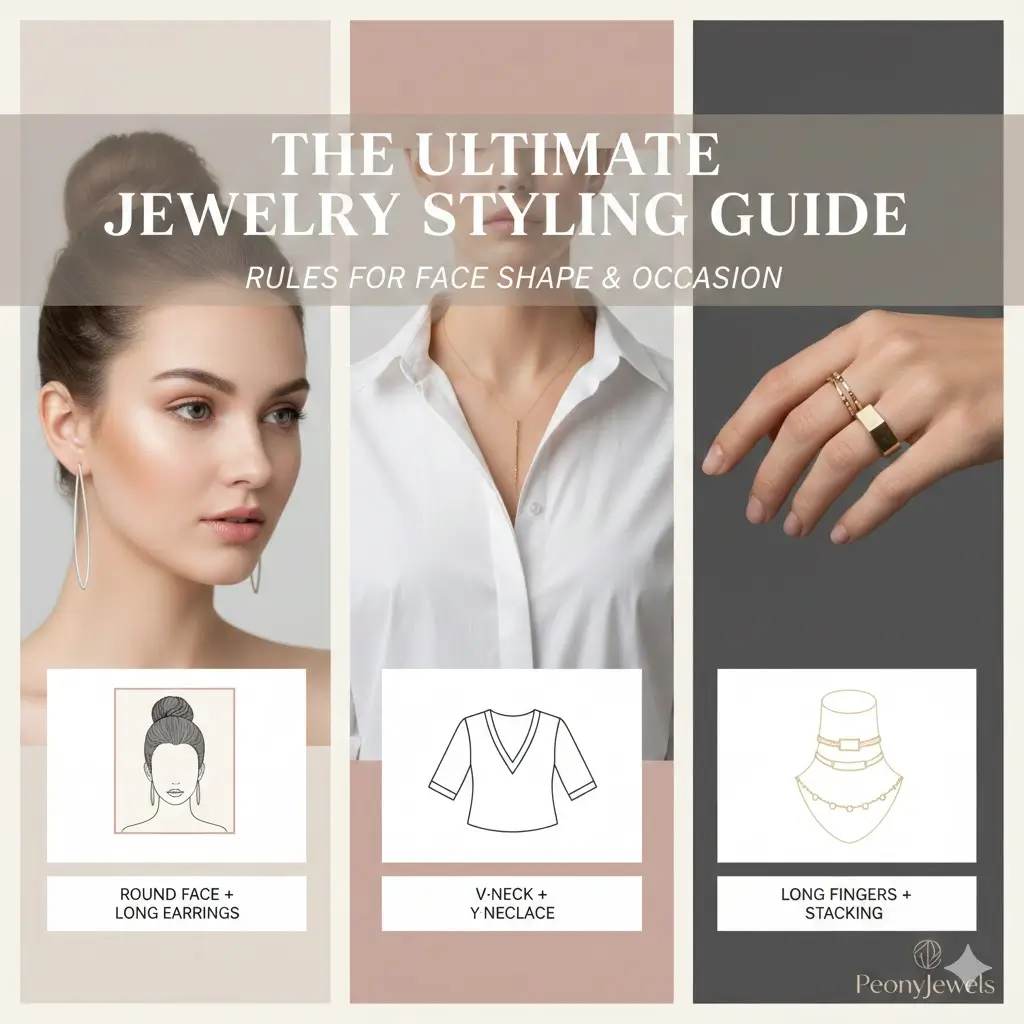 The ultimate jewelry styling guide: visual rules for matching earrings to round face shapes, necklaces to V-necklines, and ring stacking based on hand size.