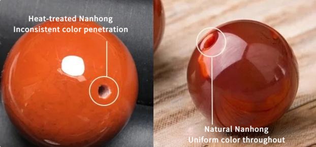 Comparison of treated and natural Nanhong showing inner–outer color inconsistency at the drill hole.