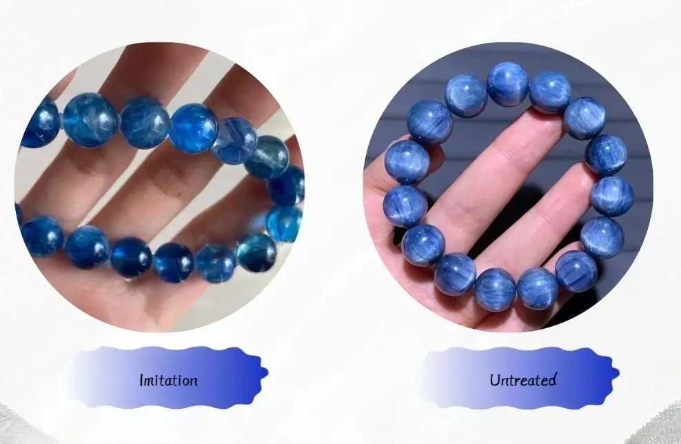 Comparison of an untreated natural bracelet and a synthetic imitation showing differences in texture and color.