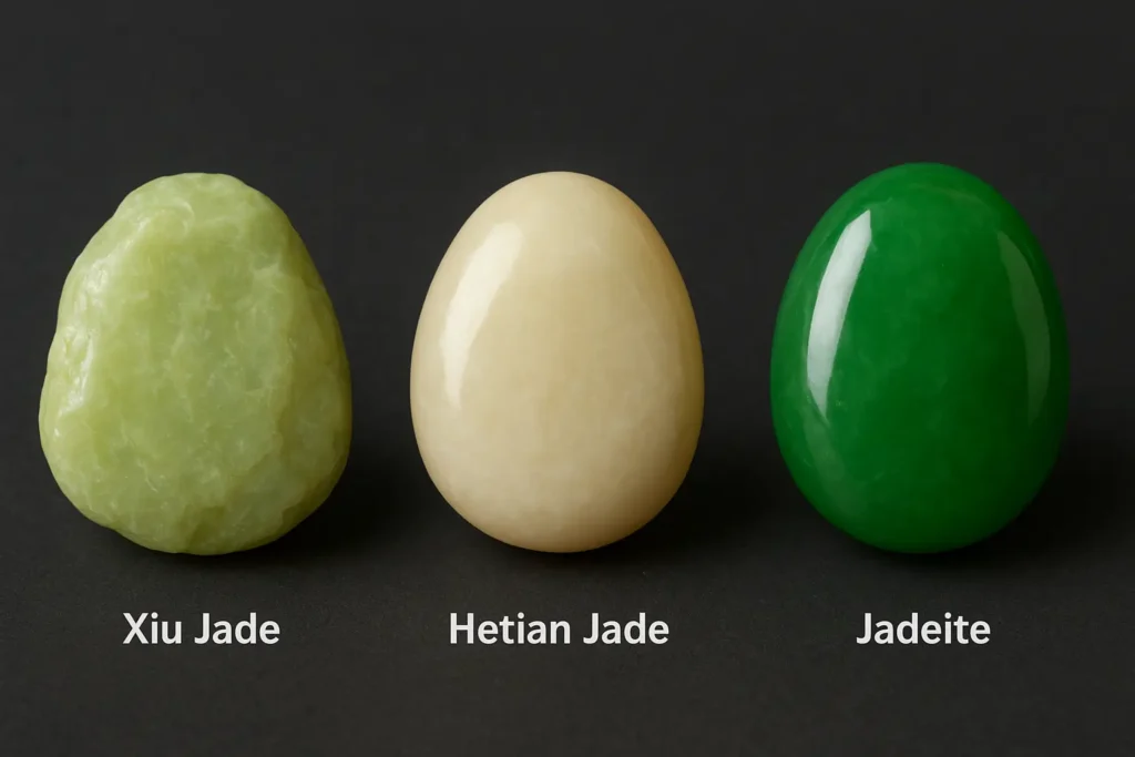 Side-by-side comparison of Xiu Jade, Hetian Jade, and Jadeite, highlighting differences in color and luster.