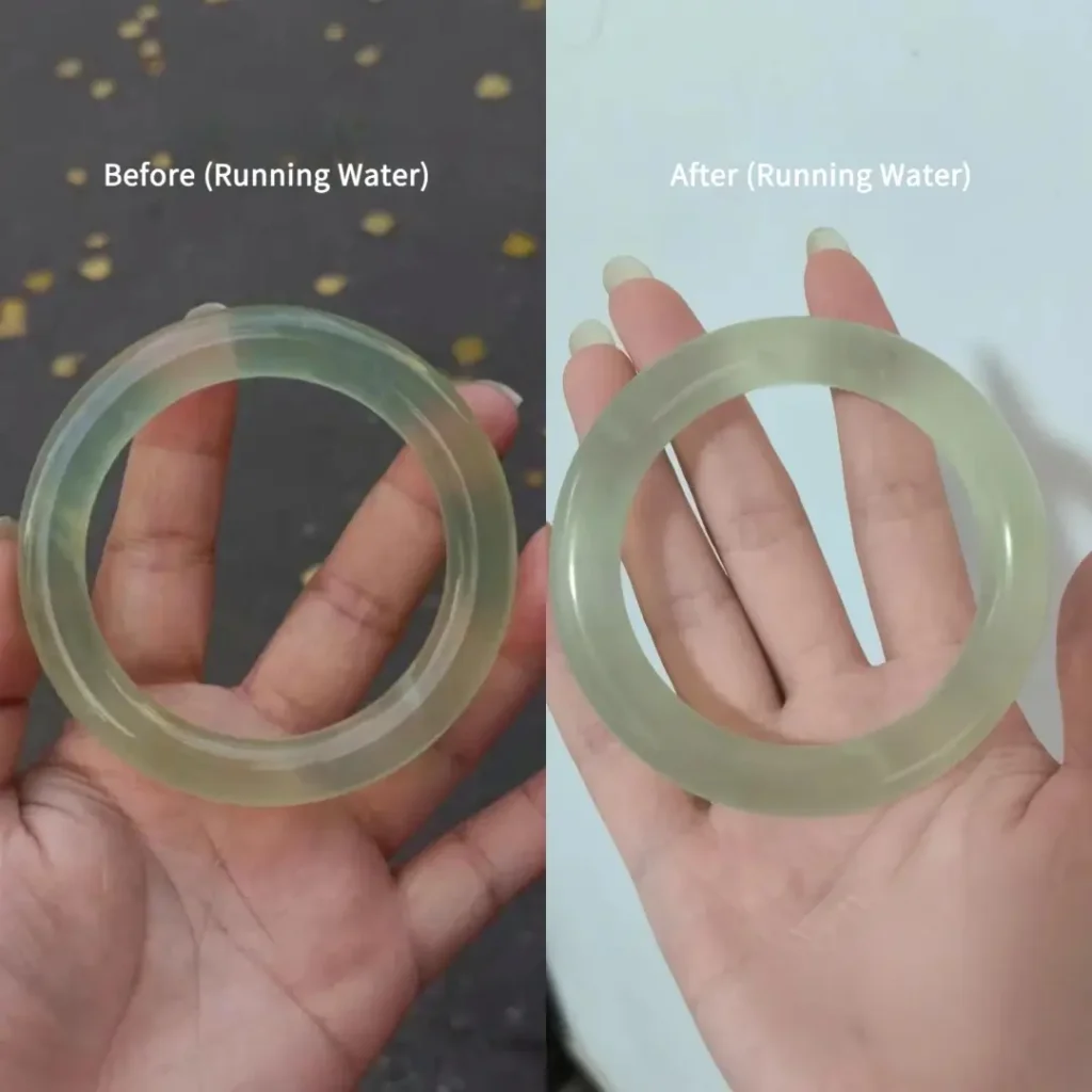 Xiu Jade bracelet comparison: before and after running water (dull vs. glossy luster).