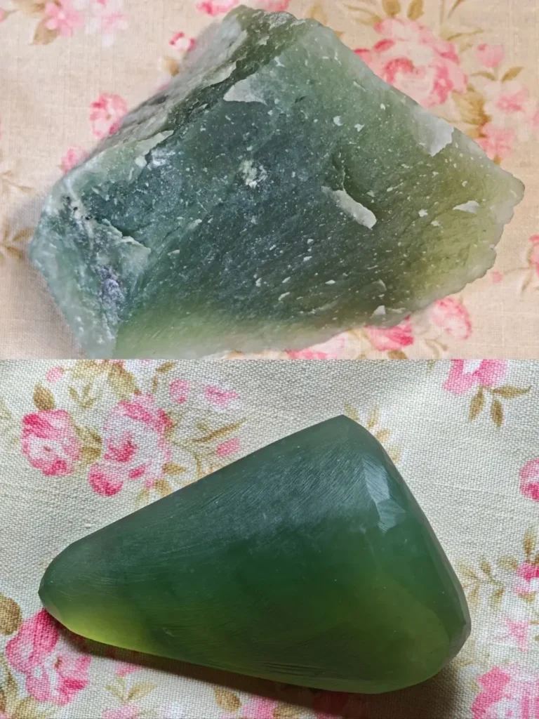 Xiu Jade rough vs. polished: showcasing natural mineral texture and enhanced waxy luster.