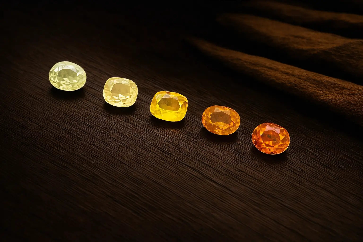 A spectrum of natural yellow sapphires showing various color grades from light lemon to deep vivid golden yellow.