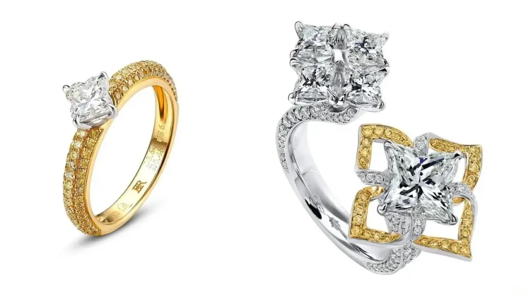 Side-by-side comparison of a yellow sapphire ring and a yellow diamond ring with similar golden brilliance.