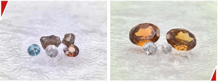 A side-by-side comparison of natural Zircon and synthetic Cubic Zirconia (CZ) gemstones, highlighting visual differences.