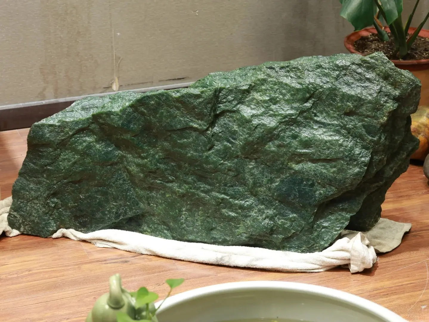 153kg Russian nephrite jade raw block with vivid apple green color and natural skin.