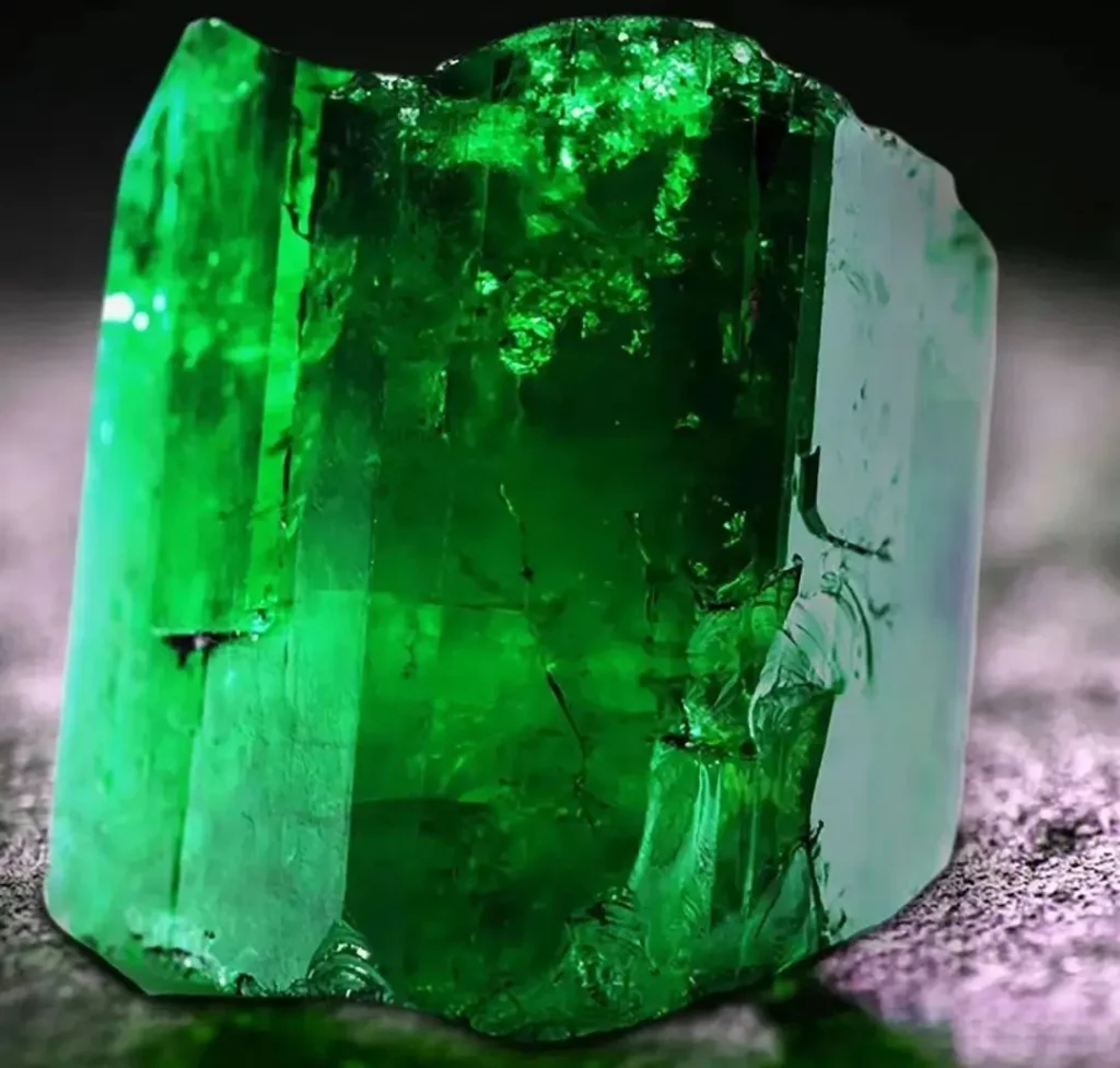 An 83.8-carat raw Coscuez emerald stone from Colombia with high transparency and natural fissures.