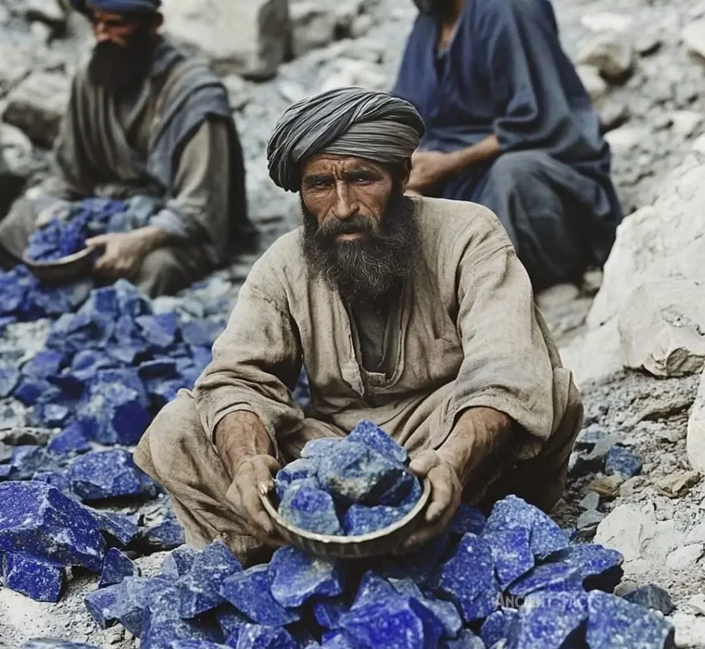 An Afghan vendor displaying raw, deep blue Lapis Lazuli rocks from the Badakhshan mines.