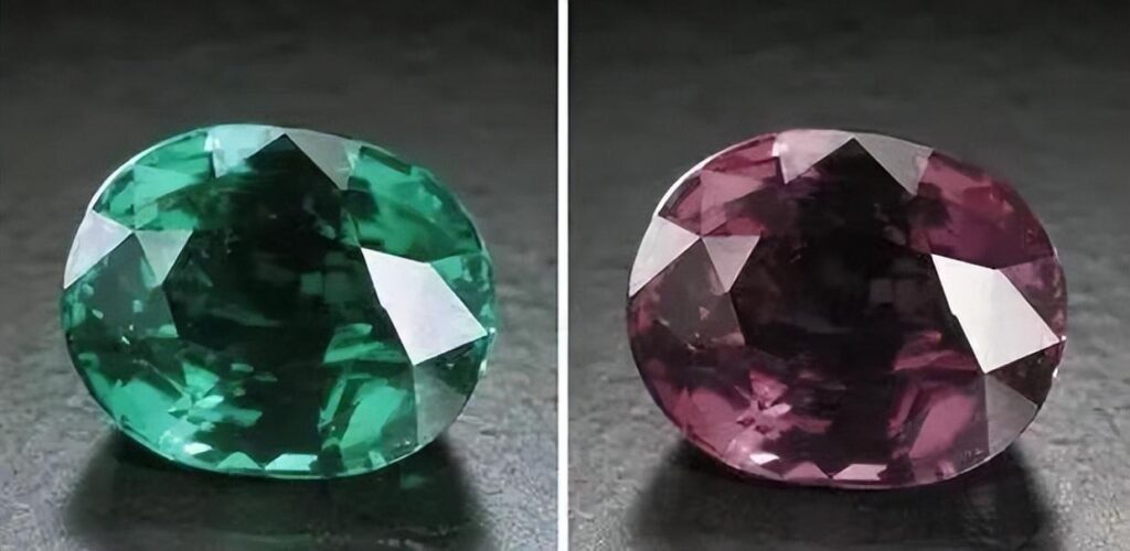 Alexandrite gemstone showing distinct color change under different lighting conditions.