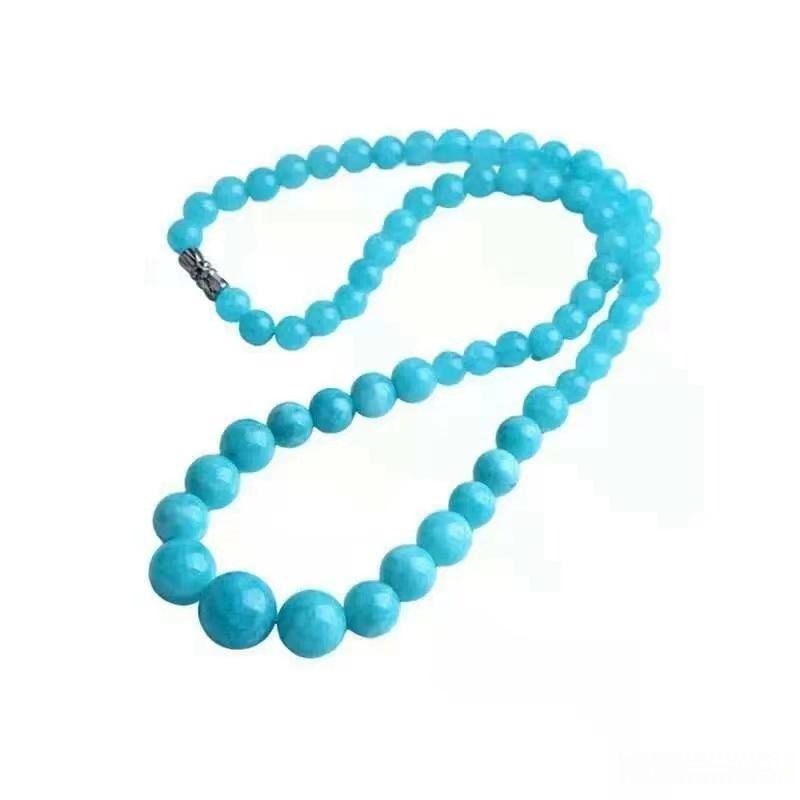 Beaded necklace made of amazonite, showing blue to blue-green beads with subtle white patterns.