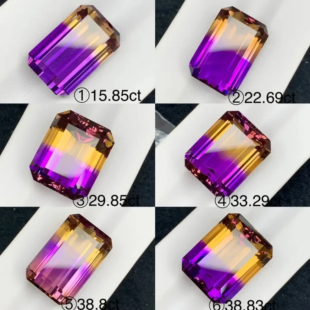 Natural square Ametrine crystals, ranging from 15 to 38 carats, showing distinct purple and yellow zones.