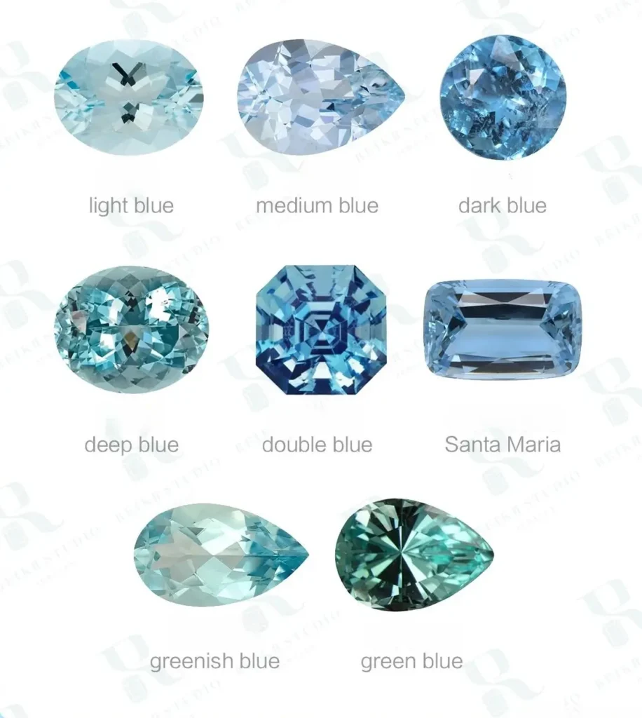Color chart of aquamarine varieties from Light Blue to Deep Blue and Santa Maria grades.