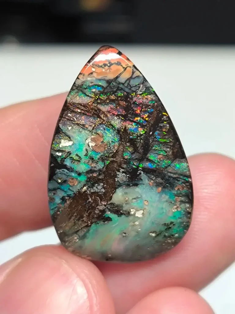 Opal Buying Guide: Fossil wood boulder opal with a natural pattern resembling a Chinese pine tree.