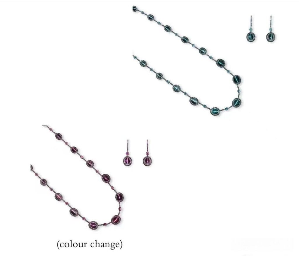 Brazilian alexandrite cat's eye necklace showing a sharp chatoyant band and distinct color change.