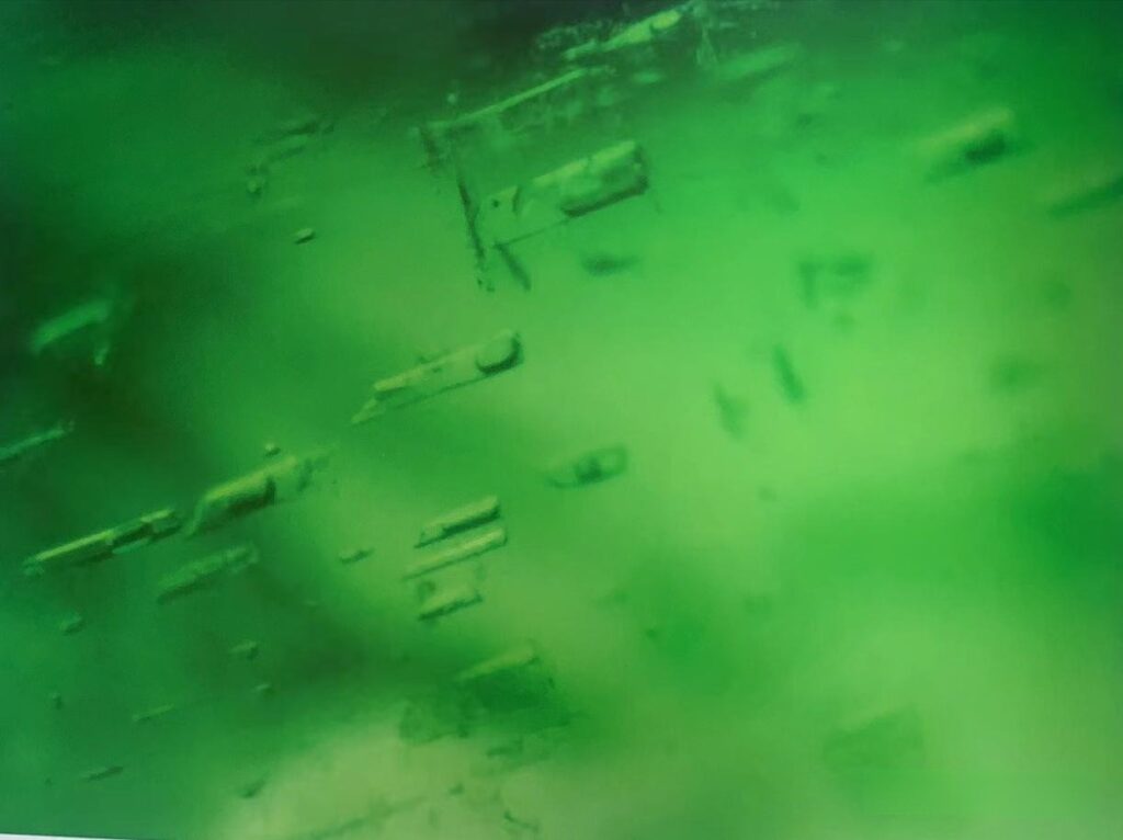 Microscopic view of rectangular two-phase inclusions and rain-like patterns in a Brazilian emerald.