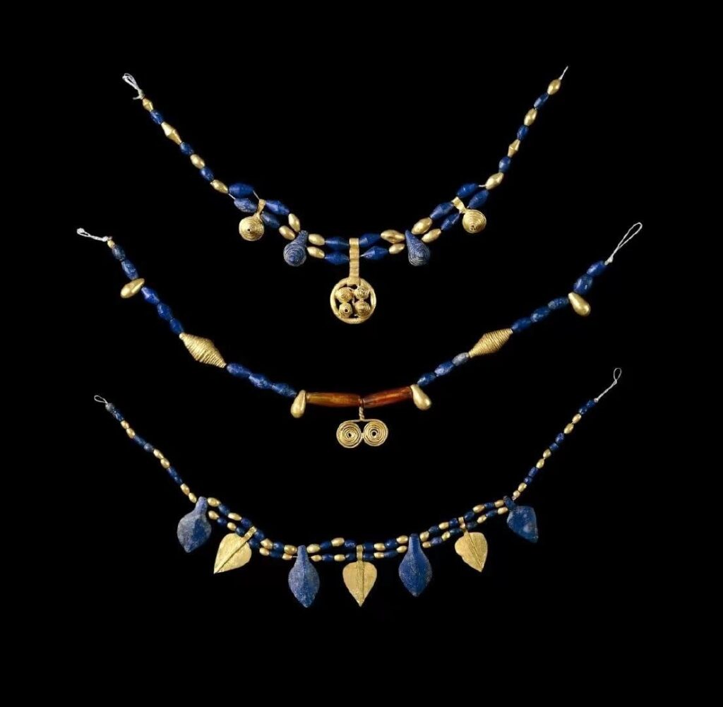 An ancient gold and Afghan Lapis Lazuli necklace from the British Museum collection.