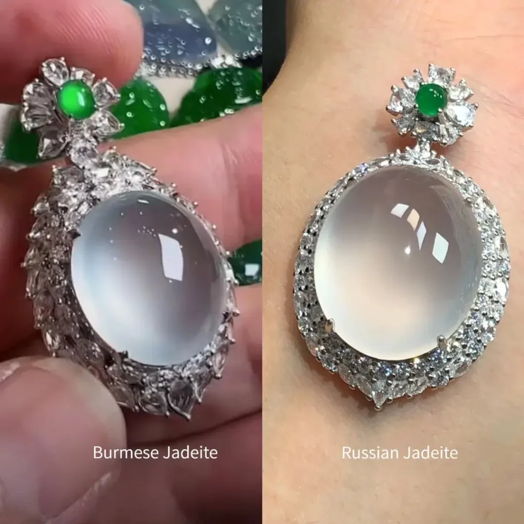 Side-by-side comparison of a translucent Burmese green jadeite cabochon and an opaque Russian forest green cabochon.