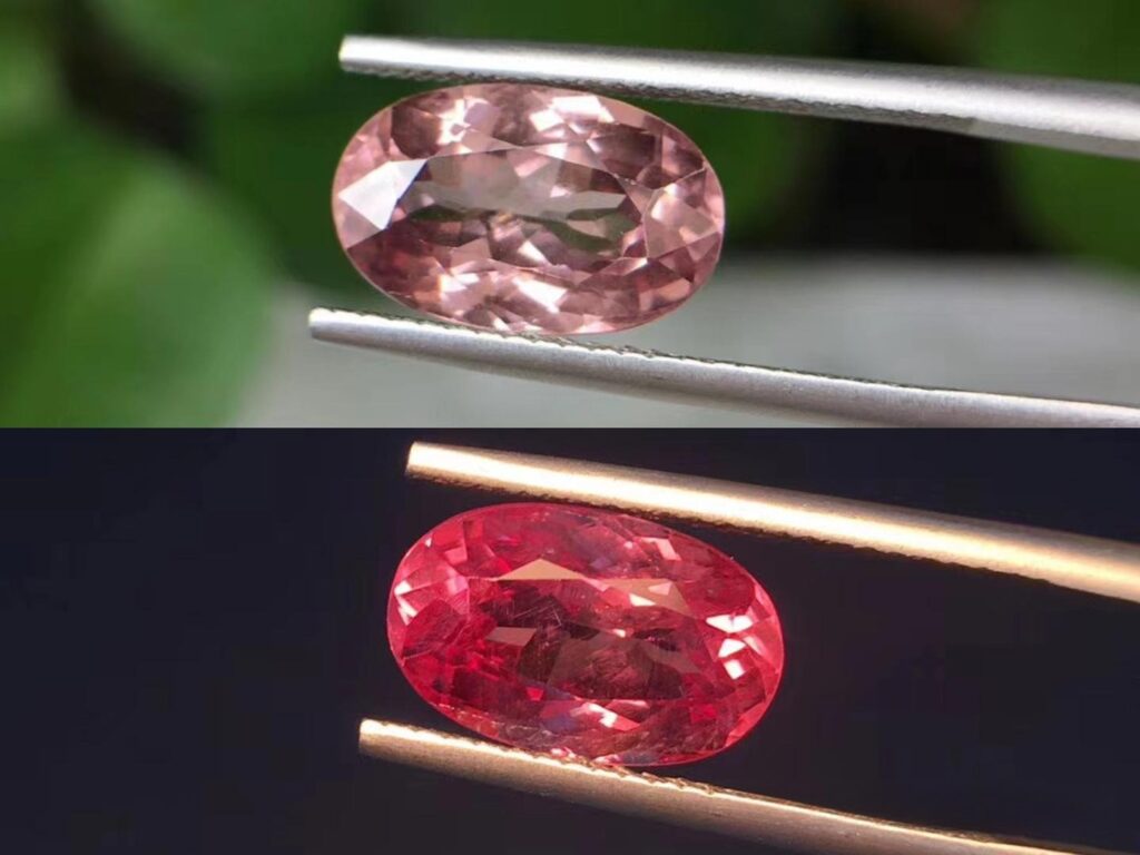 Color-change garnet displaying distinct color shifts under different natural and artificial lighting.