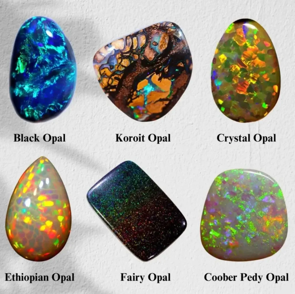 Opal Buying Guide: Side-by-side display of Black, Crystal, Ethiopian, and Coober Pedy opals with play-of-color.