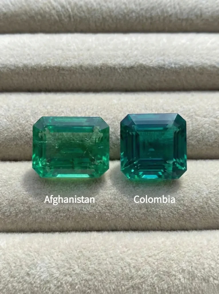Side-by-side comparison of square-cut Afghan and Colombian emeralds showing similar color saturation.