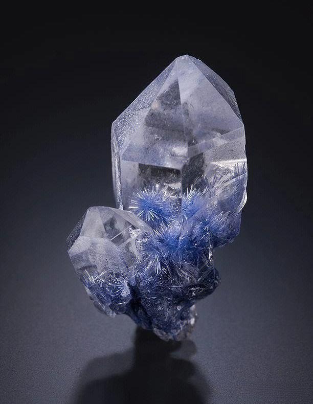 Quartz crystal containing abundant blue needle-like and granular dumortierite mineral inclusions.