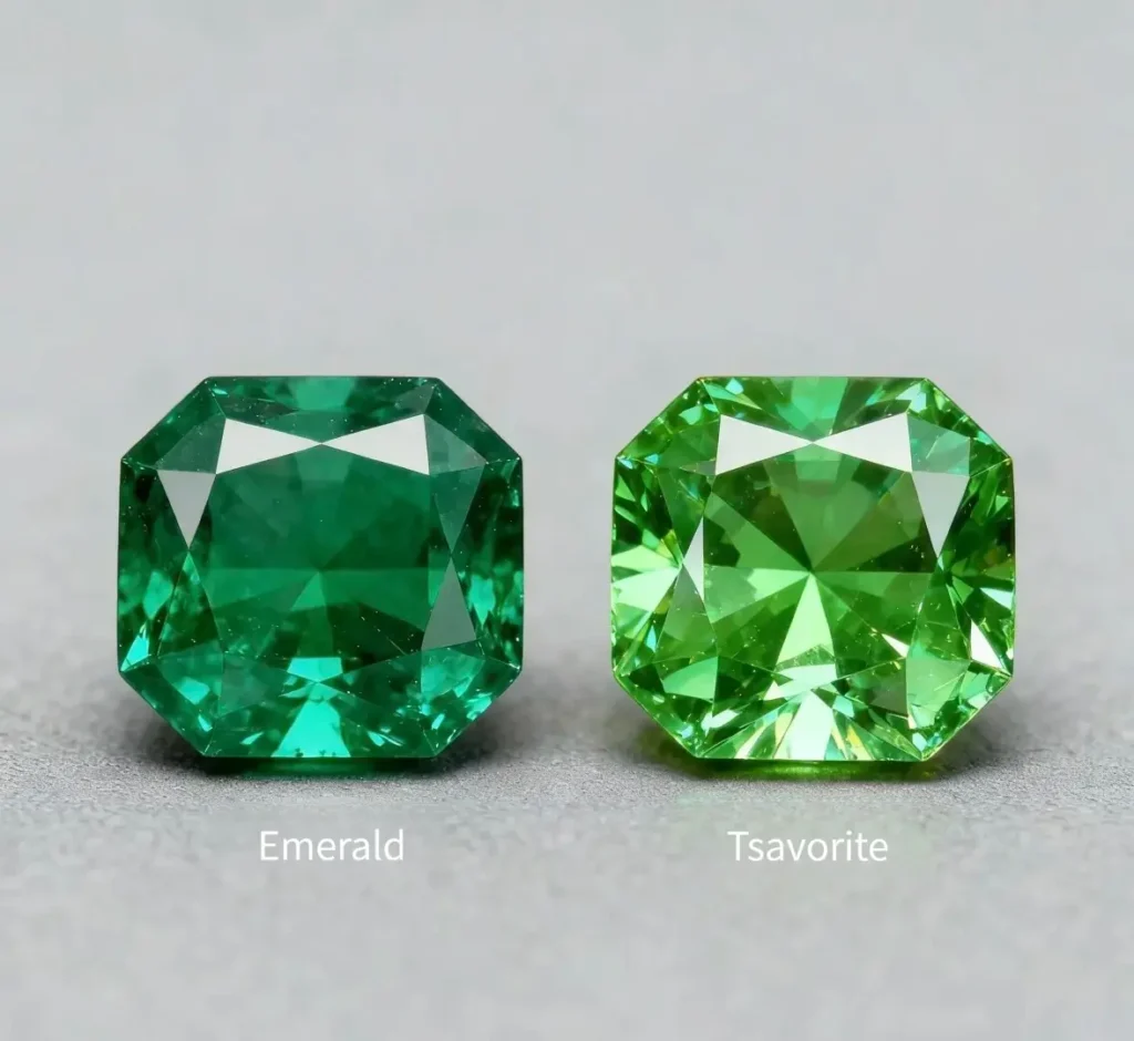 Side-by-side comparison: Deep green Emerald vs high-brilliance Tsavorite Garnet.