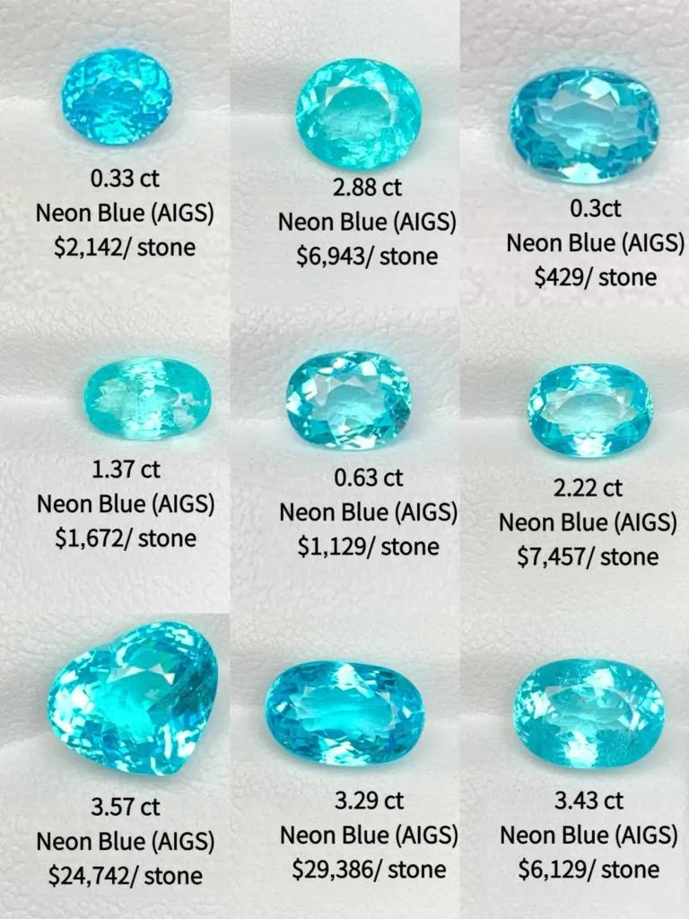 A collection of premium Paraiba Tourmaline gemstones in various cuts, all under 5 carats each.
