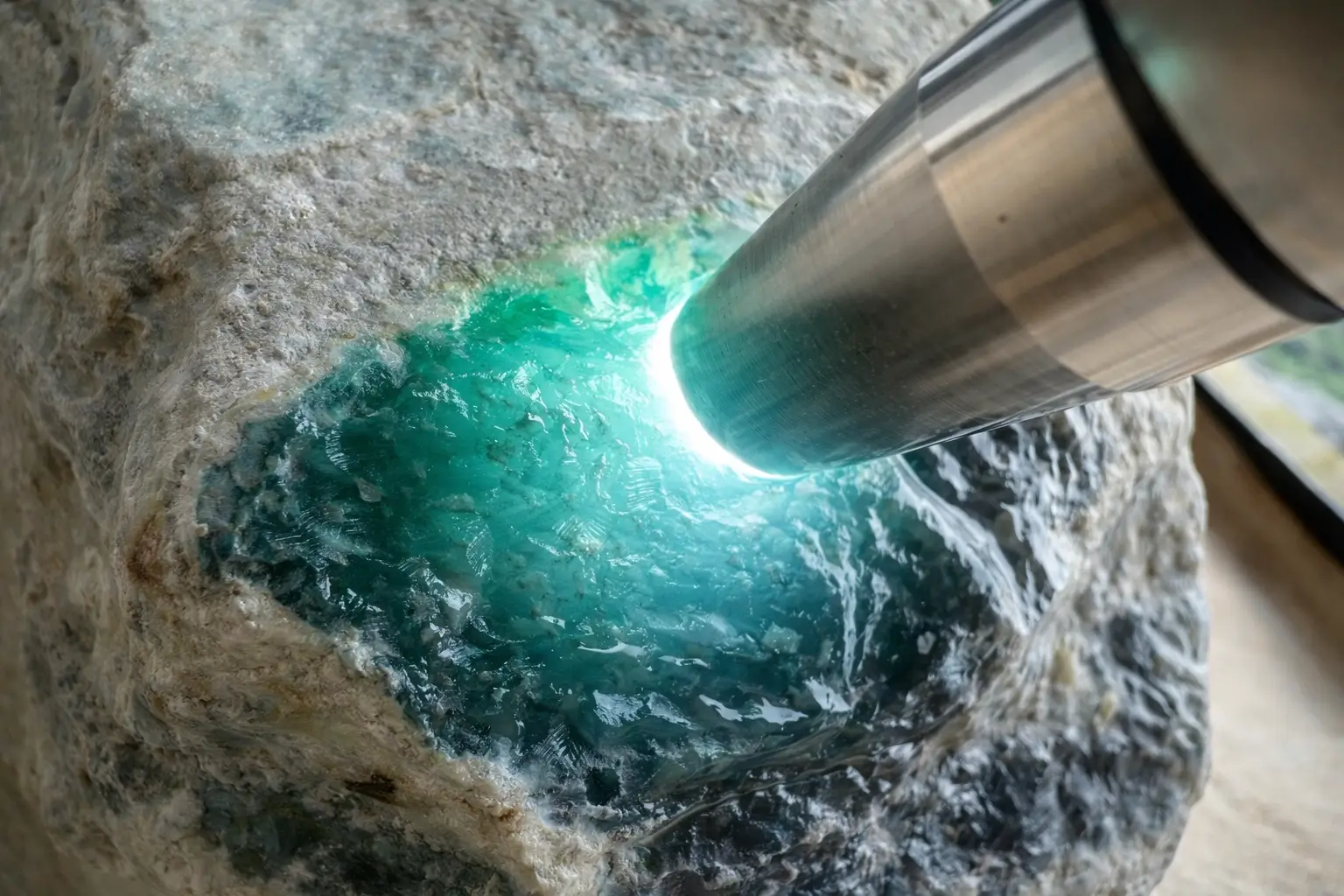 Gemologist uses a high-intensity flashlight to inspect a translucent green Burmese jadeite raw stone.