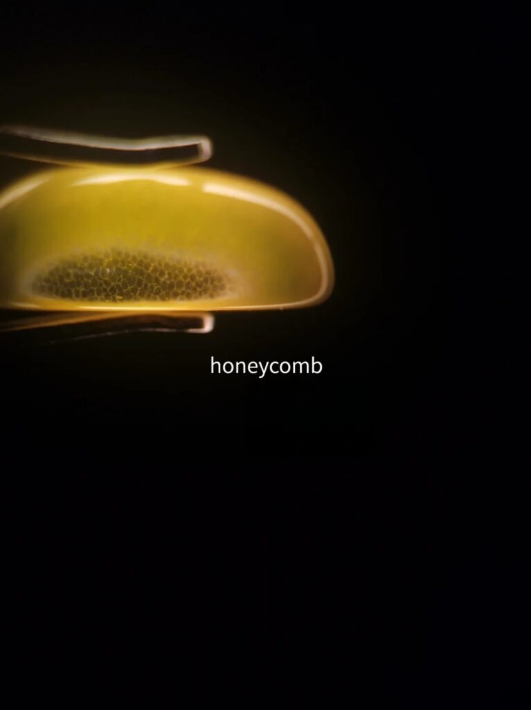 Magnified view of a synthetic glass Chrysoberyl Cat’s Eye showing a honeycomb structure used for identification.
