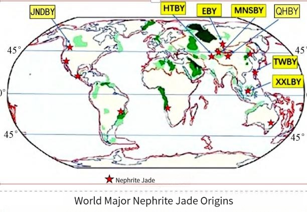 Map of major nephrite jade deposits in Russia, China, Canada, New Zealand, and Australia
