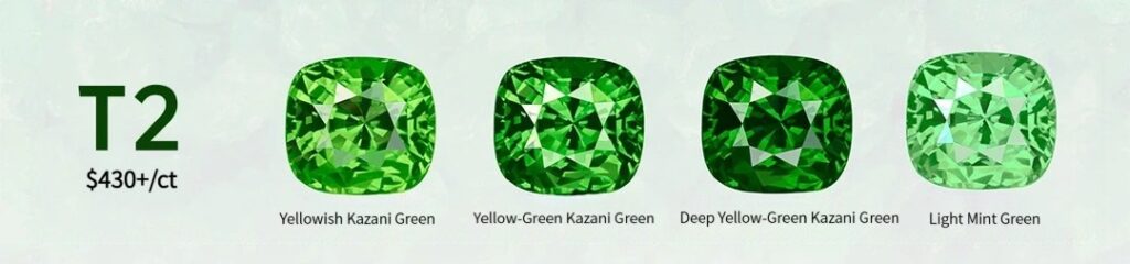 Display of Golden Kazani, Yellow-Green Kazani, Deep Golden Green, and Light Mint Garnet.