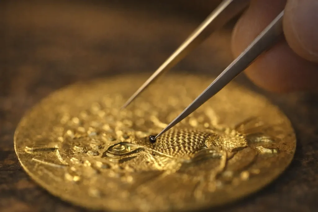 A goldsmith uses a fine tool to arrange hundreds of gold beads into a pattern on a jewelry base.