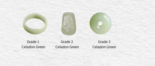 Comparison of Green-White Hetian jade across three quality grades showing color and texture variations.