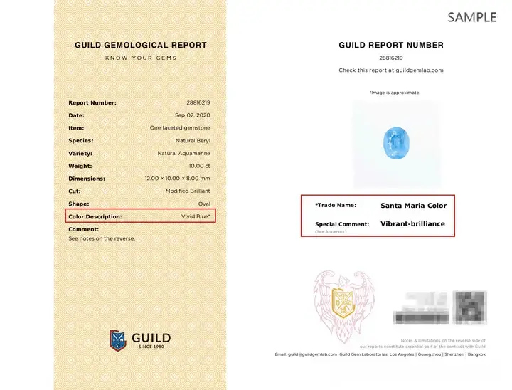 A 10-carat Santa Maria Aquamarine GUILD report showing Vivid Blue color grade with Santa Maria asterisk.