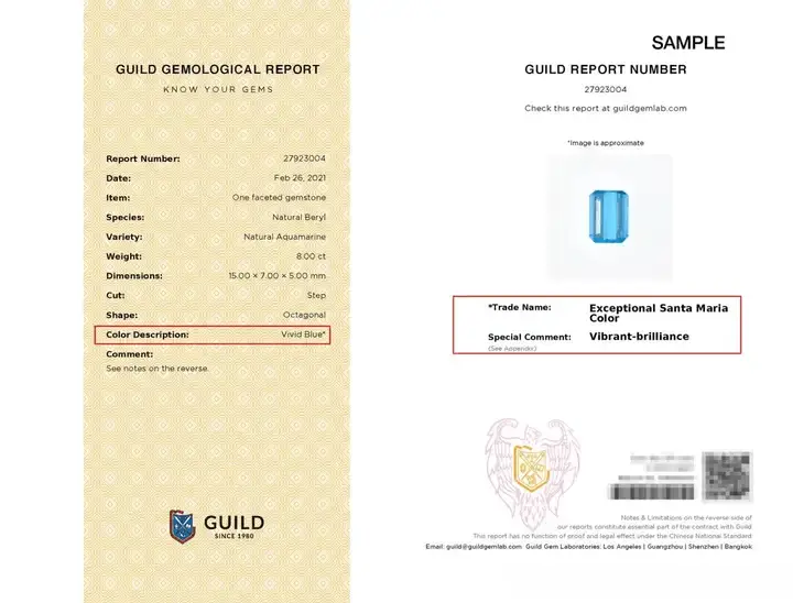 8-carat Exceptional Santa Maria Aquamarine GUILD report featuring Vivid Blue color and asterisk mark.