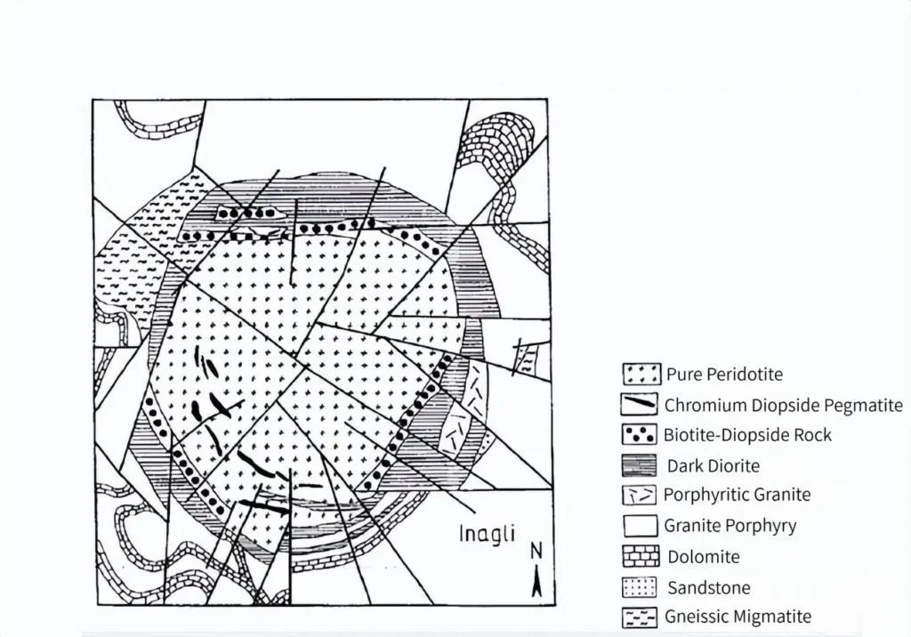 Map showing chromium diopside deposits in Russia’s Inagli mining region, Eastern Siberia, highlighting green gemstone sources.