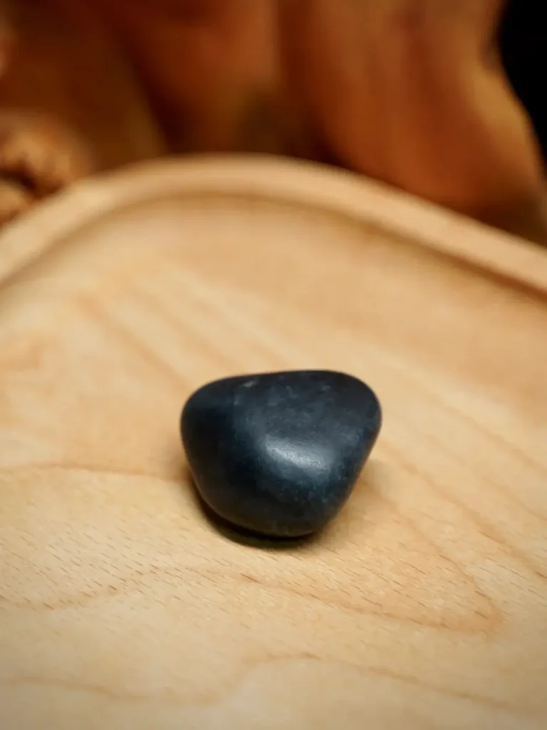 A black Ink Jade seed stone showing concentrated graphite inclusions and smooth river-worn texture.
