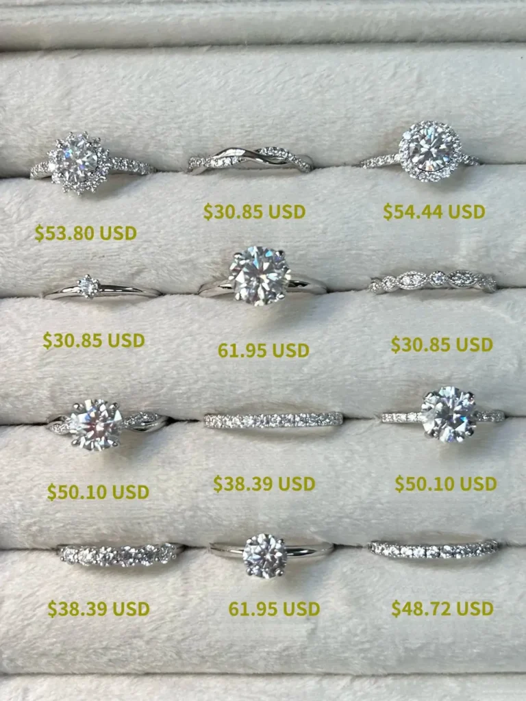 A showcase of Jewea 2026 custom moissanite ring designs with transparent pricing for various luxury styles.