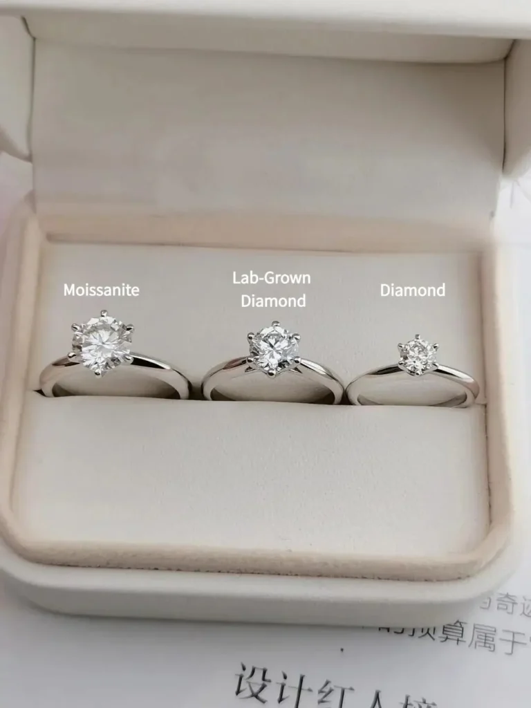 A side-by-side display of Jewea natural diamond, lab-grown diamond, and moissanite rings for a direct price and visual comparison.