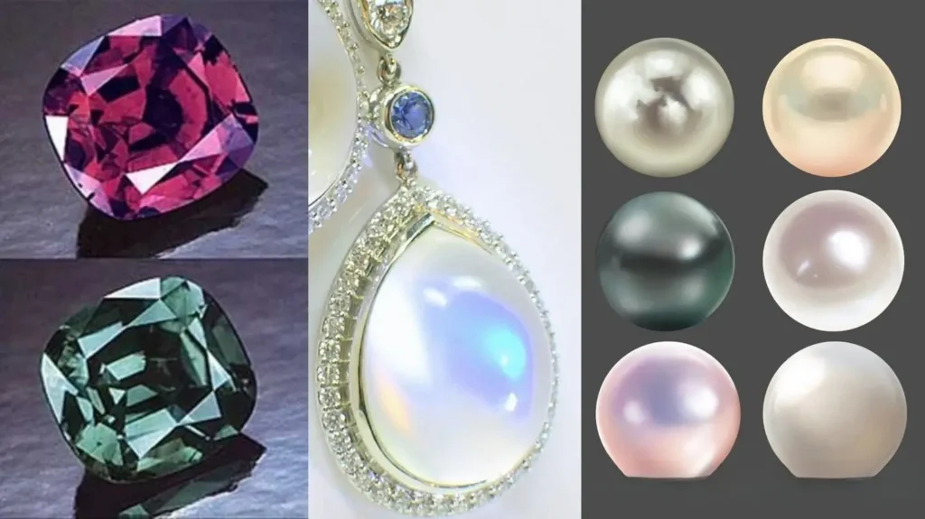 June birthstones arranged from left: color-change Alexandrite, glowing Moonstone, and classic Pearl.