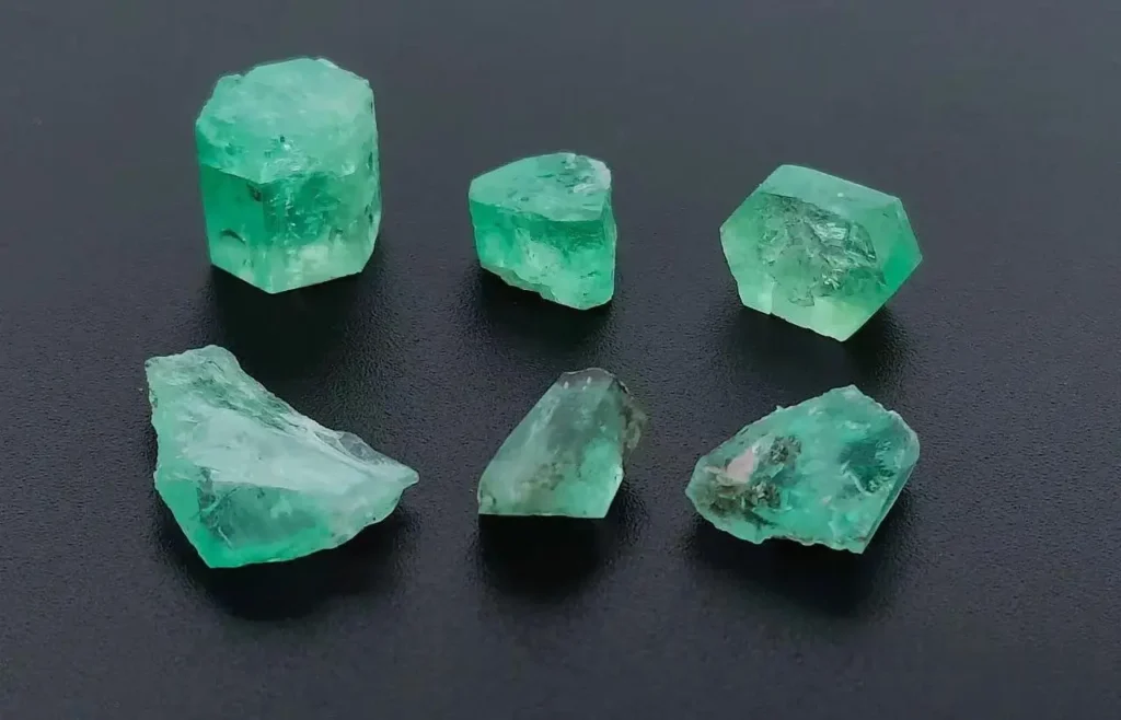 Malysheva emerald specimen from Russian Gemstones, displaying typical crystal size, clarity, and slightly yellowish-green color.