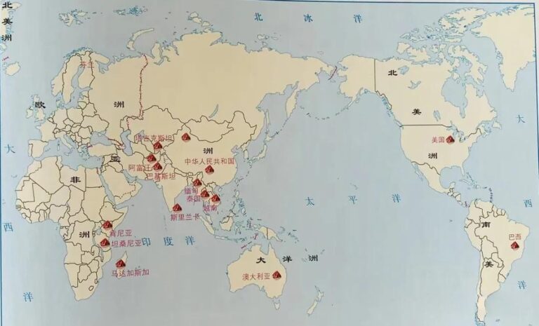 Map of major spinel mining regions worldwide.