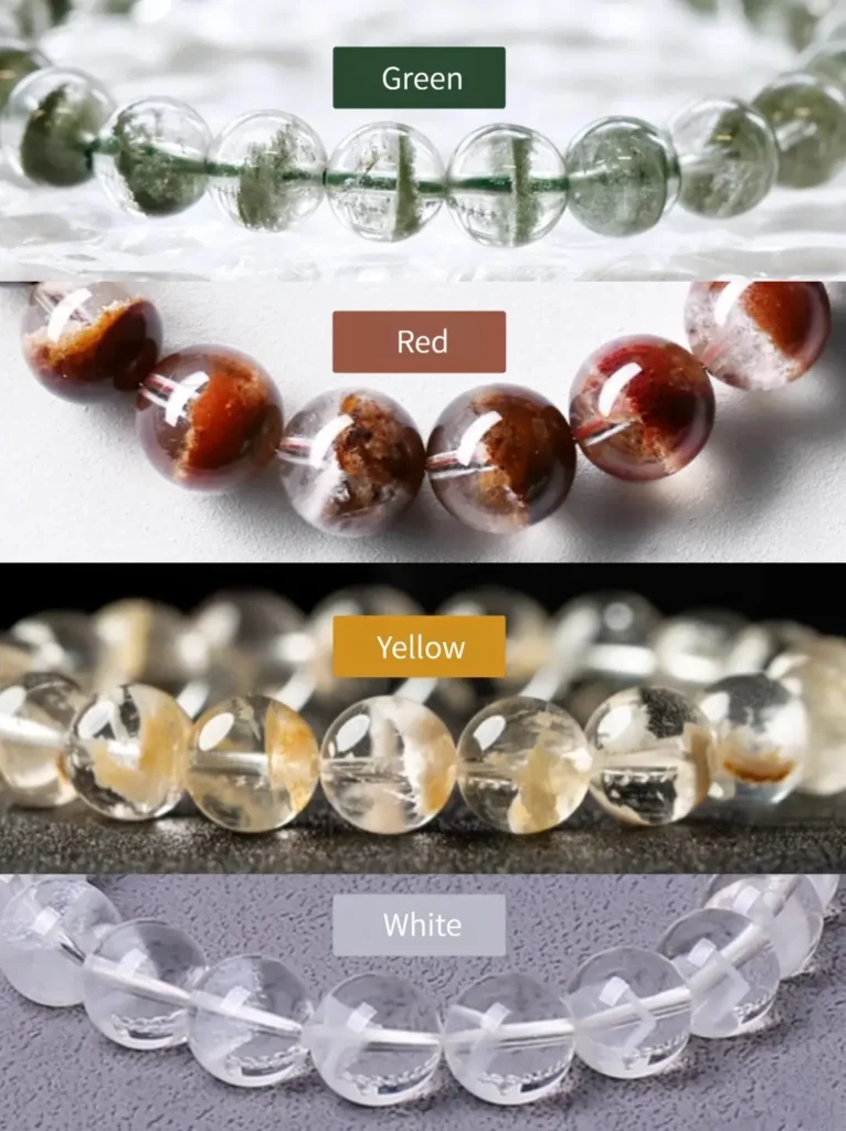 Ghost crystals bracelets with green, red, yellow, and white phantom inclusions, forming ghost-like patterns.