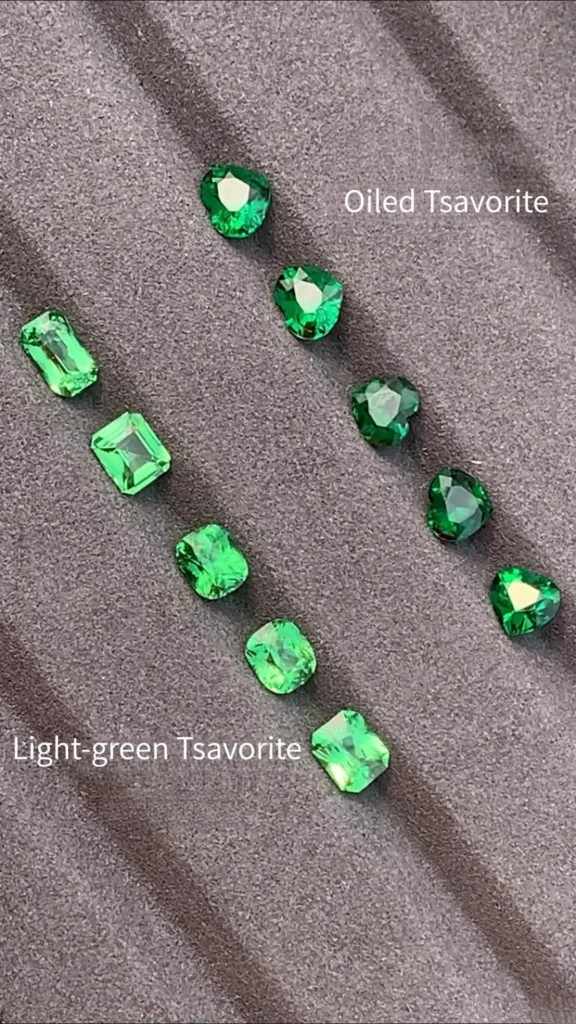 Comparison of high-clarity light-green Garnets and a rare oiled specimen showing oil residue.