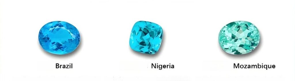Comparison of copper-bearing tourmalines from Brazil, Nigeria, and Mozambique, showing color and visual differences.