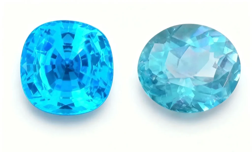Two neon blue gemstones side by side: left Paraiba tourmaline, right Paraiba Color Apatite for comparison.
