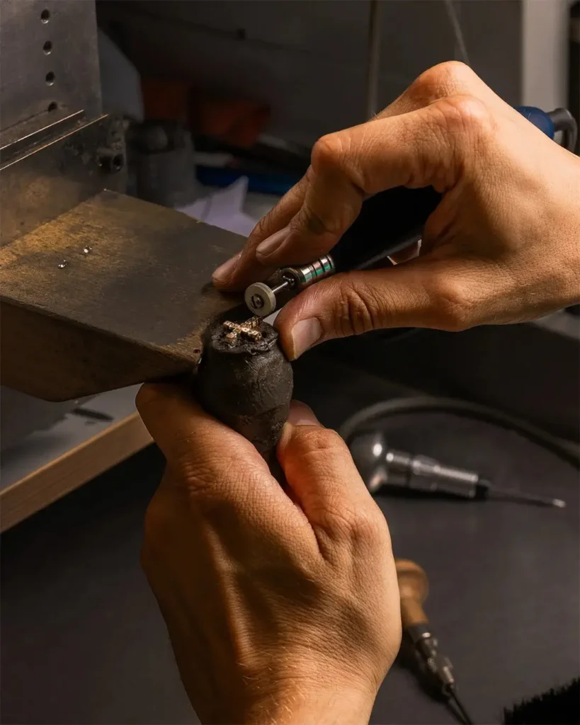 A Jewea goldsmith meticulously polishes the piece to enhance the luster of the tiny beads.