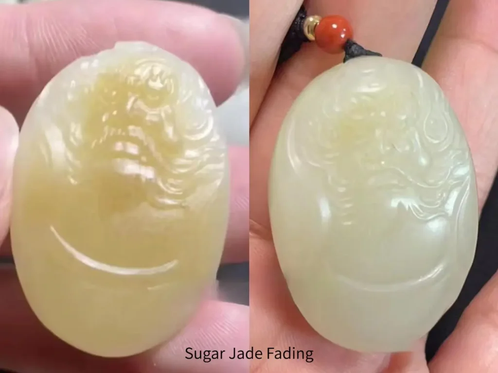 Significant fading comparison of a Qiemo Sugar Jade Zhong Kui pendant (2021-2023).
