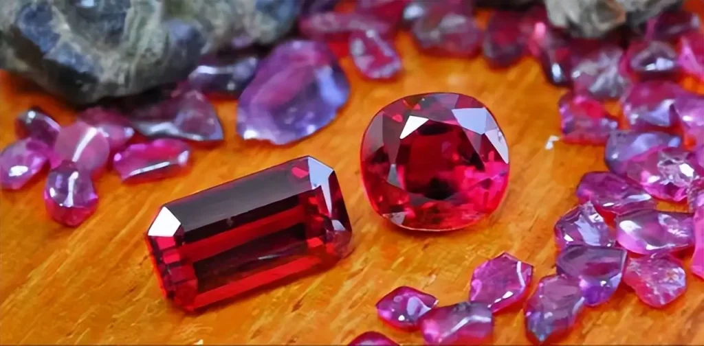 A yellowish-red Rai Thai ruby displaying intricate silk-like internal cavities under magnification.