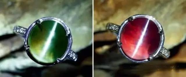 Two Alexandrite Cat's Eye gems displaying a sharp light band and distinct color change effects.